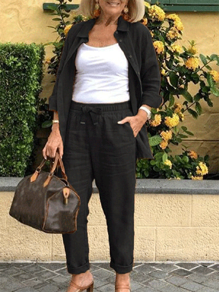 

Cotton Lapel Suits Top With Pants, Black, Two-piece Outfits