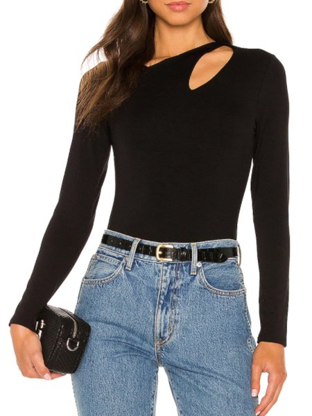 

Hollow Out V Neck Solid Simple Basic Top, Black, Tops