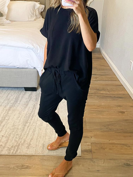 

Casual Loosen Plain Round Neck Suits, Black, Suit Set