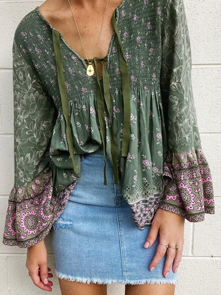 

V Neck Long sleeve tops, Green, Tops