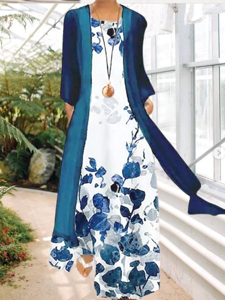 

Elegant Loosen Floral Crew Neck Suits, Blue, Maxi Dresses