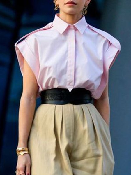 

Shirt Collar Plain Sleeveless Loosen Fashion Top, Pink, Blouses and Shirts