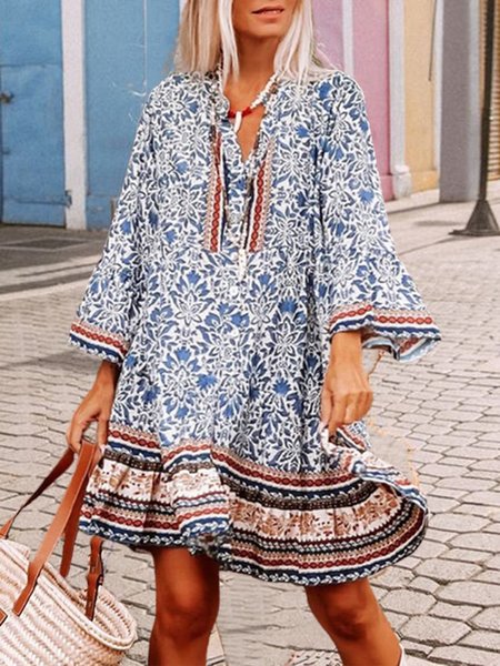 

Floral V Neck Boho Loosen A-line Long sleeve Woven Dress, Blue, Mini Dresses