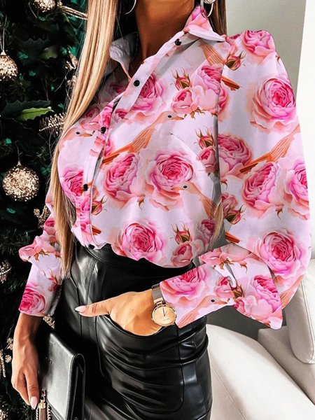 

Casual Long Sleeve Shirt Collar Plus Size Printed Blouses, Pink, Blouses & Shirts