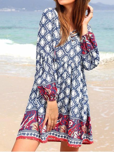 

Loosen V Neck Long sleeve Woven Dress, Blue, Mini Dresses