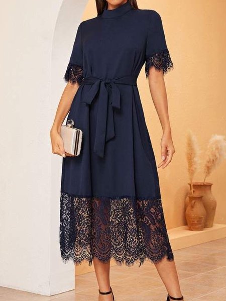

High Neck Regular Fit Solid Dress, As picture, Midi Dresses