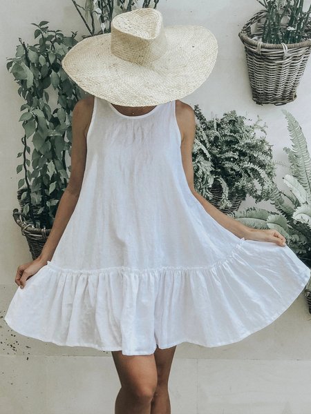 

Plus Size Casual Solid Crew Neck Sleeveless Loosen Short sleeve Woven Dress, White, Mini Dresses