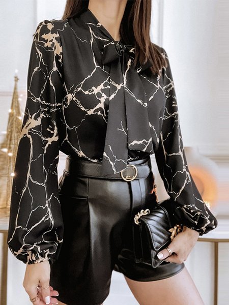 

Loosen Geometric Casual Long Sleeve Blouse, Black, Blouses & Shirts