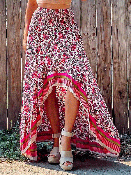 

Front and rear asymmetric floral print maxi dress, Deep pink, Skirts
