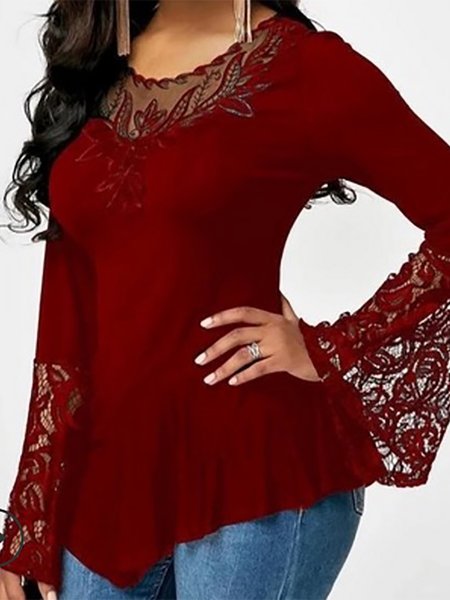 

Loosen Crew Neck Plain Lace Tunic Shirts & Tops, Red, Tops