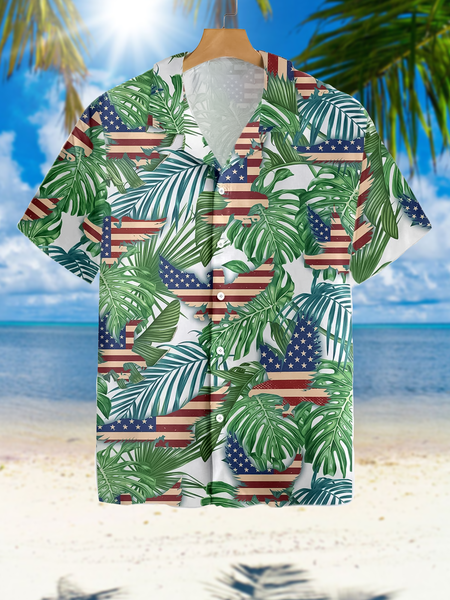 

Casual Culture Collection American Eagle And Plant Elements Pattern Lapel Short Sleeve Print Shirt Top, Green, Men's Floral shirt