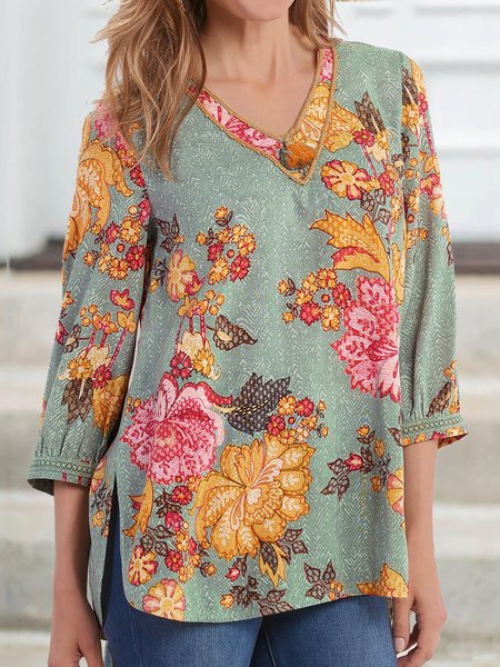 

V Neck Bishop Sleeve Floral Printed Spring Blouse Shirts & Tops, Green, Tops