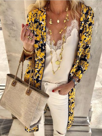 

Floral Casual Loosen V Neck Outerwear, Yellow, Jackets