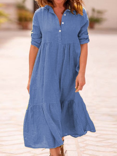 

Buttoned Casual Shirt Collar Long Sleeve A-line Loosen Dresses, Blue, Midi Dresses