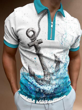 

Casual Sport Mid-Century Anchor Digital Print Short Sleeve Polo, As picture, T-shirt