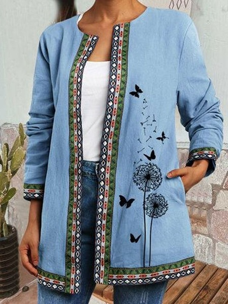 

Butterfly Loosen Dandelion Collarless Outerwear, Blue, Cardigans