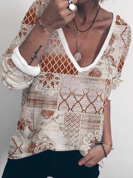 

V Neck Cotton Blends Loosen Long Sleeve T-shirt, White, T-Shirts