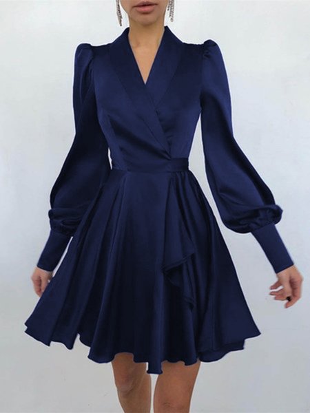 

V Neck Elegant Long sleeve Dress, Dark blue, Mini Dresses