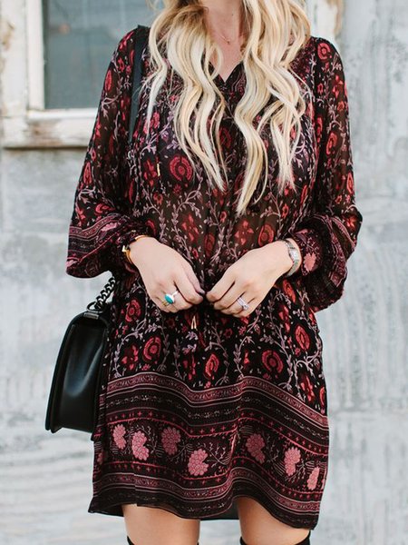 

V Neck Buttoned Loosen Dresses, Black, Mini Dresses