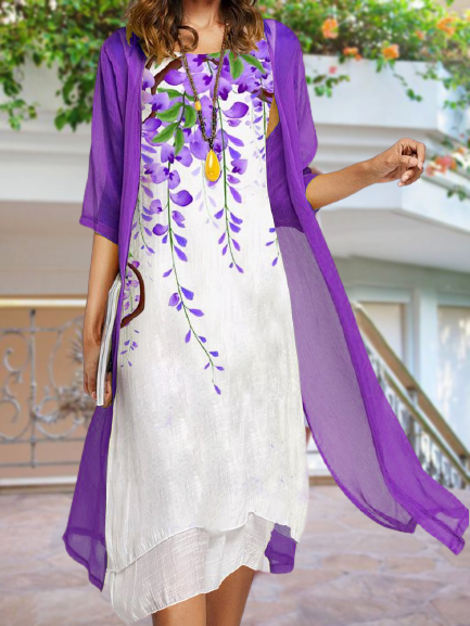 

Two Piece Long Sleeved Print To The Knee Dress Casual Suits, Purple, Midi Dresses
