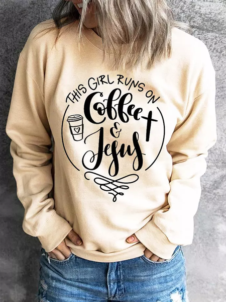 

This Girl Runs On Coffee And Jesus Casual Round Neck Sweatshirt, Yellow, Sweatshirts & Hoodies