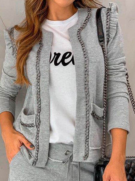 

Grey Crew Neck Long Sleeve Cardigan Patch Pocket Chain Jacket, Gray, Coats