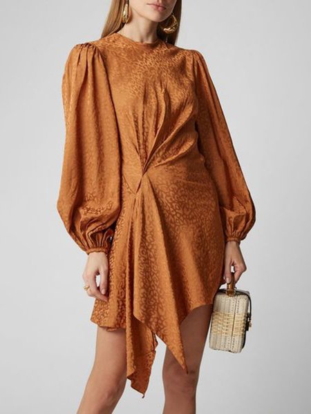 

Puff Sleeve Regular Fit Round Neck Dresses, Orange, Mini Dresses