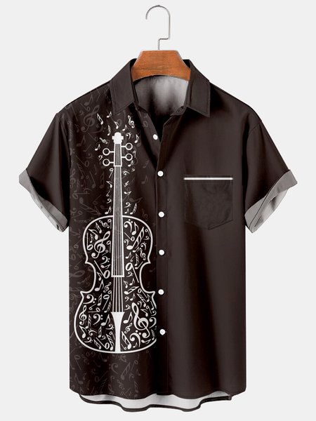

Mens Music Print Casual Breathable Hawaiian Shirt, Black, Men's Floral shirt
