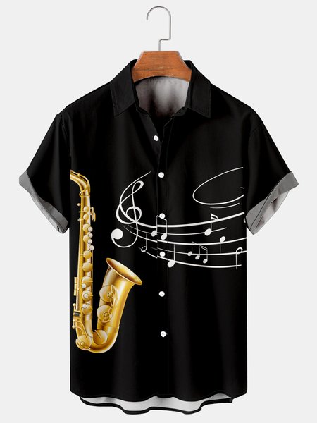 

Mens Music Print Casual Breathable Hawaiian Shirt, Black, Men's Floral shirt
