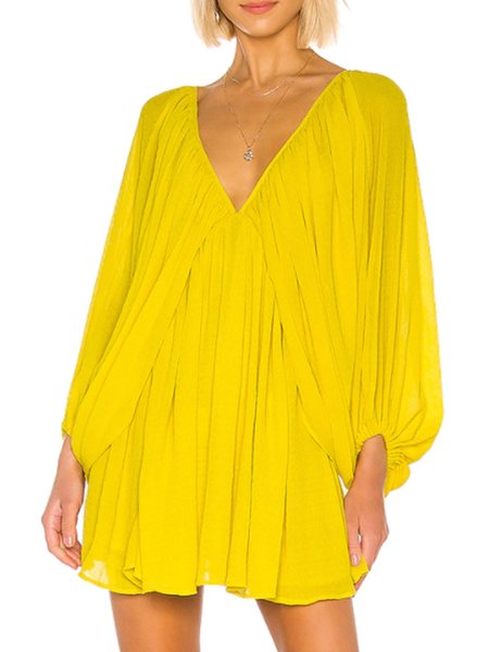 

V Neck Solid Vacation Solid Dress, Yellow, Mini Dresses