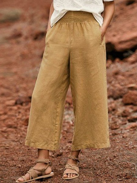 

Plus Size Casual Solid Pocket Wide Leg Pants, Yellow, Pants