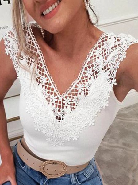 

Casual Lace Sleeveless V Neck Plus Size Knit Tank, White, Tank Top