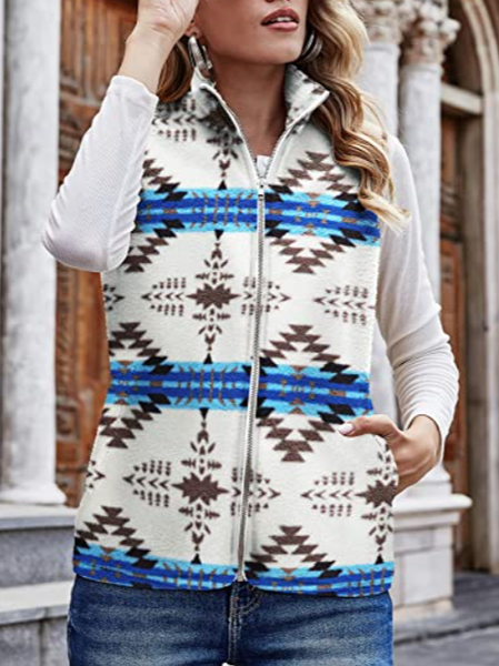 

Ethnic Geometric Pattern Jacket Lightweight Vest Comfortable Sleeveless Cardigan Zip Waist Coat with Pockets Stand Collar Geometric Loosen Outerwear, Apricot, Coats