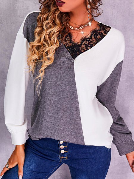 

V Neck Cotton Blends Casual Long Sleeve T-shirt, As picture, T-Shirts