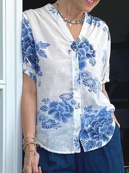 

V Neck Floral Casual Shirts & Tops, Blue, Blouses & Shirts