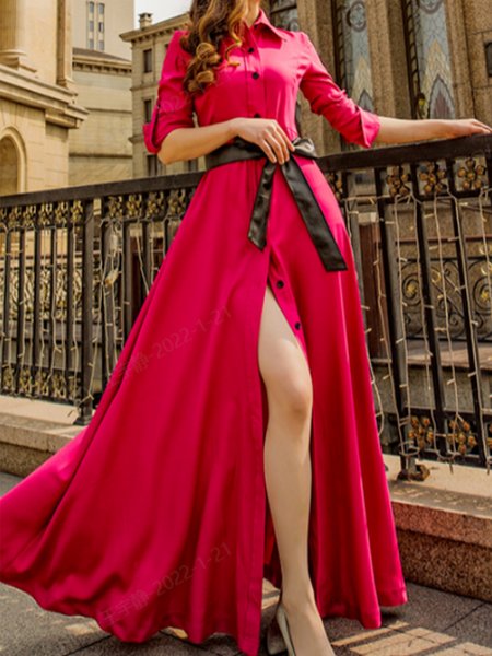 

Elegant Long Sleeve Color Block Shirt Collar Dress, Rose red, Maxi Dresses