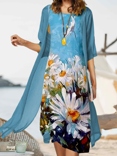 

Floral Cotton Blends Vacation Two-Piece Dress Set, Blue, Suit Set