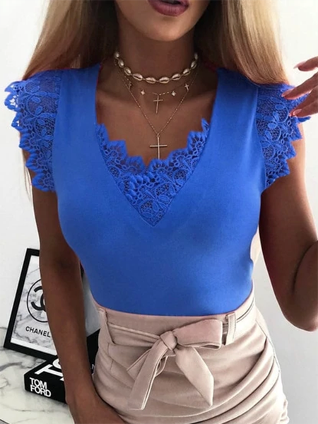 

Lace Short sleeve V Neck Casual Shirts & Tops, Blue, Tank Top