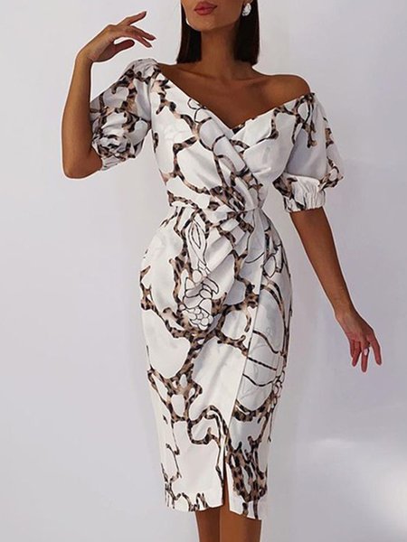 

V neck Regular Fit Floral Daily Dress, White, Midi Dresses