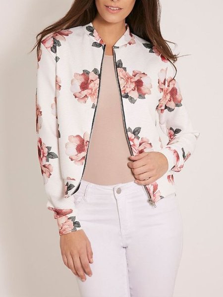 

Pink Floral Long Sleeve Baseball Collar Zip Cardigan Jacket, White, Jackets