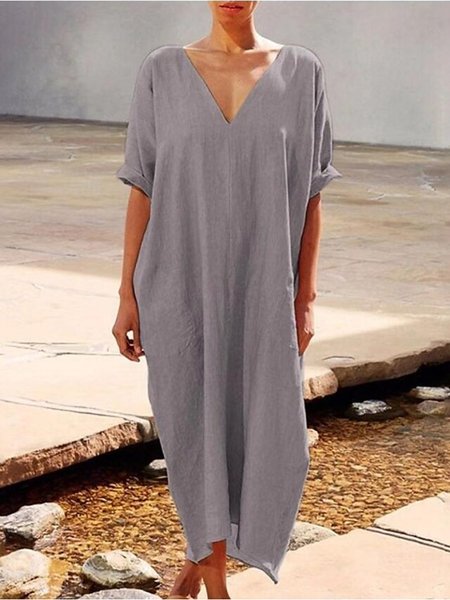 

Casual Half sleeve V Neck Loosen Maxi Short sleeve Woven Dress, Gray, Dresses