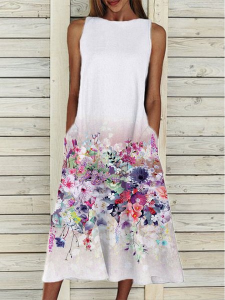 

Floral Casual Cotton Blends Crew Neck Dresses, White, Floral Dresses