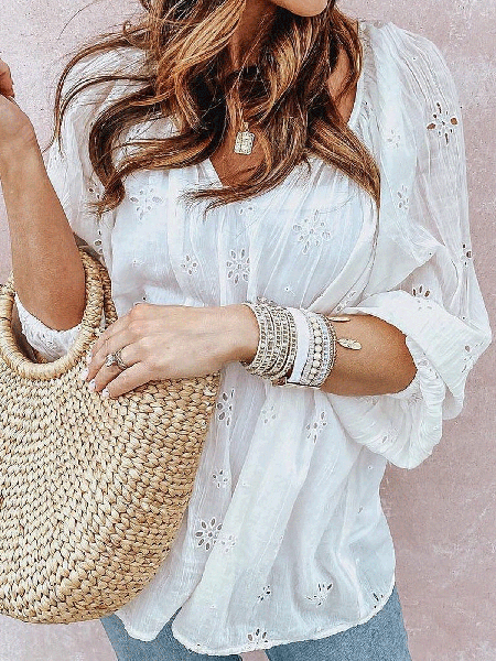 

Romantic casual jacquard women's top, White, Tops
