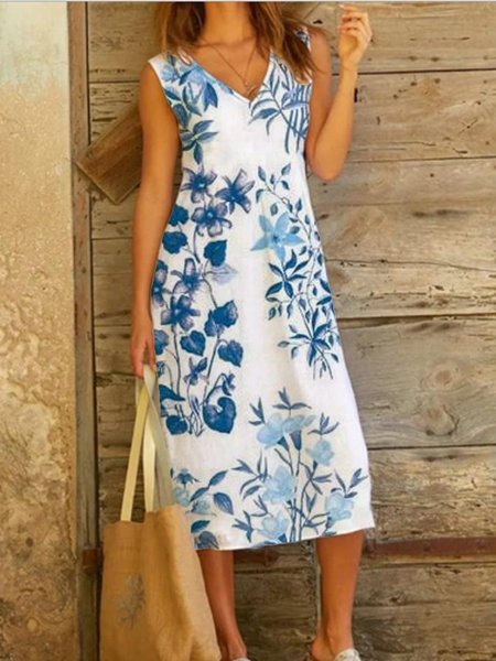 

Floral Print V Neck Holiday Casual Sleeveless Midi Dresses, White, Midi Dresses