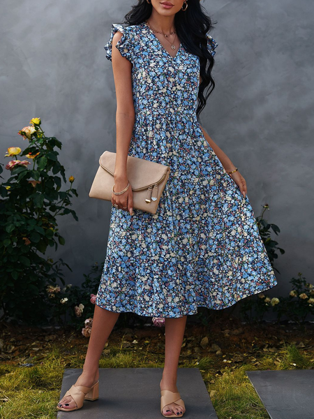 

Casual V Neck Floral Dresses, Blue, Floral Dresses