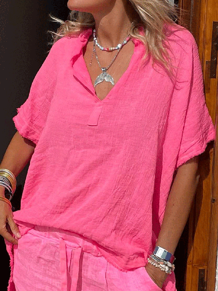 

Cotton Linen Casual Short Sleeve Top, Rose red, Tops
