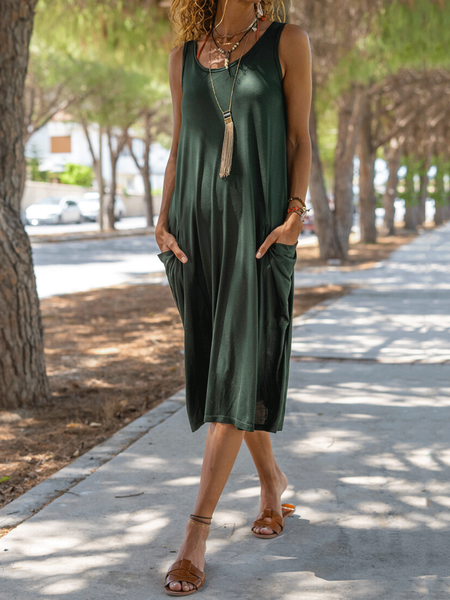 

Casual Solid Crew Neck Dresses, Army green, Midi Dresses