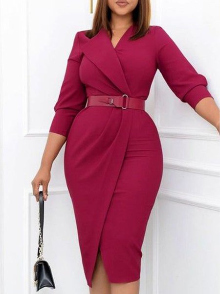 

Elegant V Neck Slim Fit Daily Plain Dress, Wine red, Midi Dresses