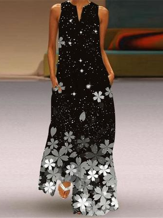 

Casual Floral Cotton Blends Dresses, Black, Maxi Dresses
