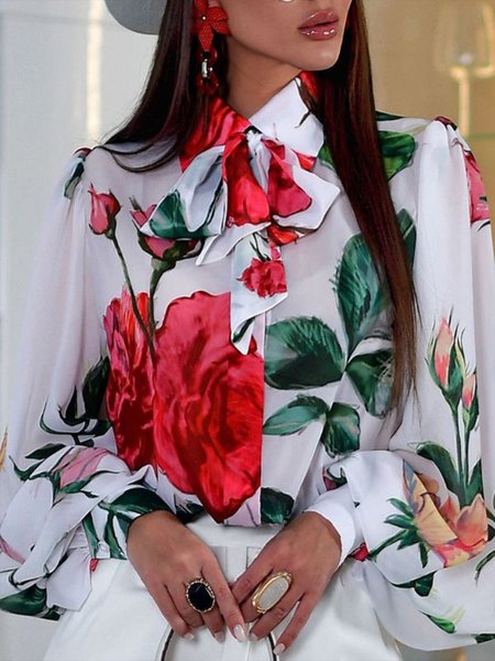 

Long sleeve Floral Regular Fit Elegant Daily Top, White, Blouses and Shirts